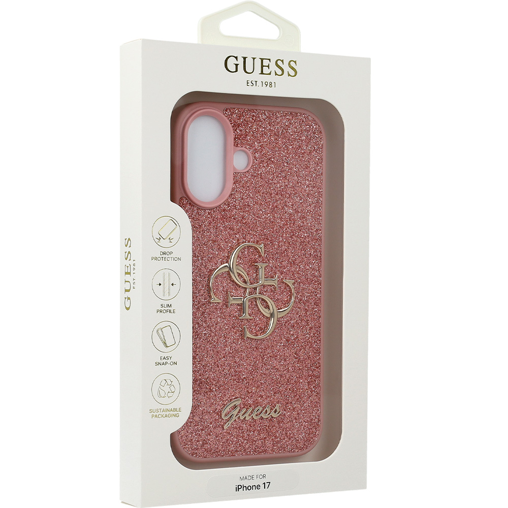 Etui Guess Fixed Glitter Big 4G do iPhone 17, różowo-brokatowe